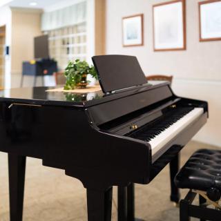 A grand piano with a polished finish in an indoor setting.
