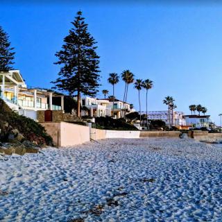 A scenic view of a sandy beach with coastal houses and palm trees under a clear blue sky.