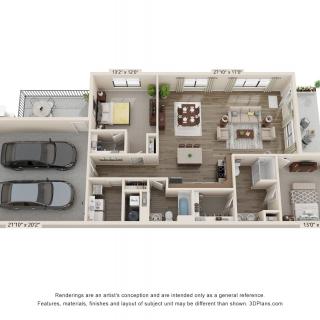 A 3D floor plan of a modern apartment featuring two bedrooms, an open living area, and a garage.