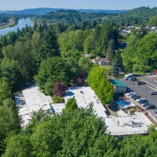 Aerial view of a residential area surrounded by lush green forests and a flowing river.