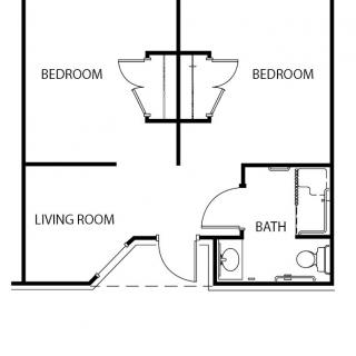 A simple floor plan showing two bedrooms, a living room, and a bathroom.