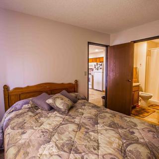 A cozy bedroom featuring a large bed with patterned bedding and pillows, adjacent to a bathroom.