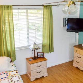 A cozy bedroom with green curtains, a nightstand with a lamp, and a wall-mounted television.