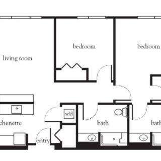 A floor plan of an apartment with two bedrooms, a living room, a kitchenette, and two bathrooms.