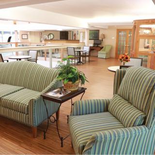 A cozy living room featuring green striped furniture and wood flooring.