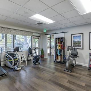 A well-equipped gym with exercise machines and a comfortable workout space.