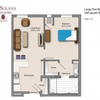 A floor plan of a larger one-bedroom apartment featuring a living room, kitchen, dining area, and bathroom.