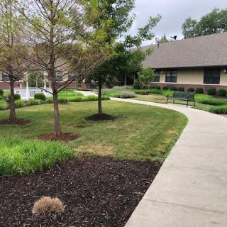 A landscaped garden with a winding pathway and trees leading to a building.