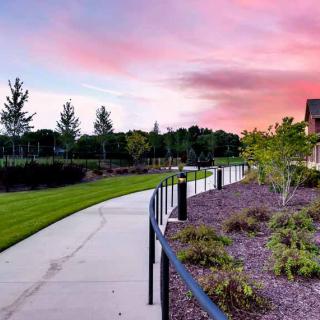 A scenic pathway at sunset with vibrant skies and lush greenery.