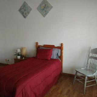 A minimalist bedroom featuring a single bed with red bedding and a wooden chair.