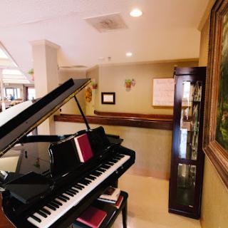 A stylish grand piano set in a cozy interior, accompanied by decorative art and furniture.