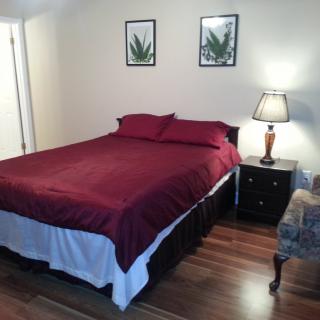 A cozy bedroom with a bed covered in a red comforter, adorned with matching pillows, flanked by a nightstand and lamp.