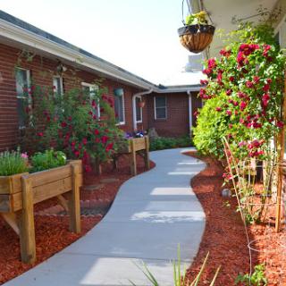 A serene courtyard with a winding pathway surrounded by vibrant flowers and plants.