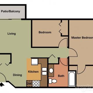 A floor plan of a two-bedroom apartment including a living room, kitchen, dining area, bathroom, and patio/balcony.