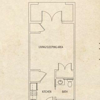A floor plan of a studio apartment featuring a living/sleeping area, kitchen, and bathroom.