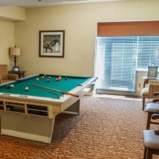 A cozy indoor game room featuring a pool table and comfortable seating.