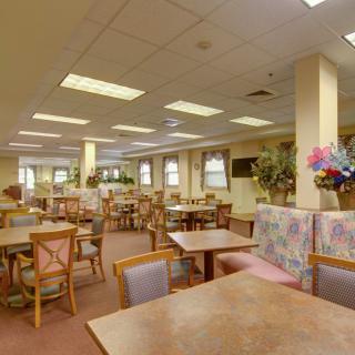 A spacious and empty dining area with multiple tables and chairs, decorated with plants.