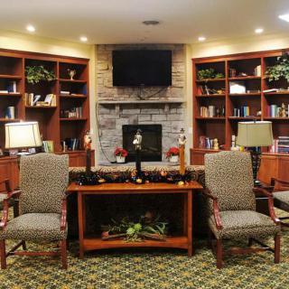 A cozy living room with a fireplace, bookshelves, and comfortable seating.
