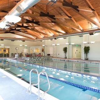 A spacious indoor swimming pool featuring a beautifully crafted wooden ceiling and designated swimming lanes.