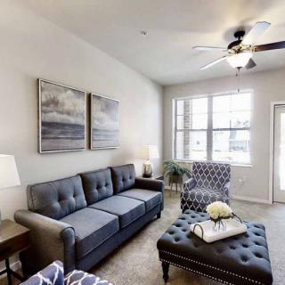A modern living room with a comfortable sofa, patterned chair, and stylish artwork.