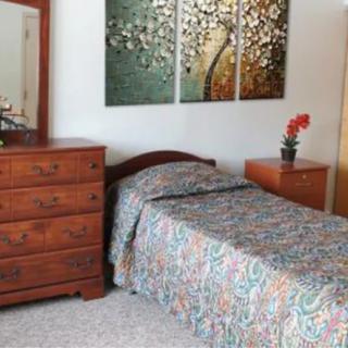 A cozy bedroom with a single bed, dresser with mirror, and wall art.