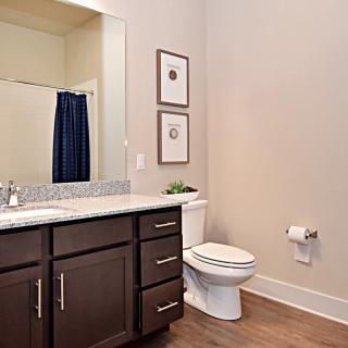 A modern bathroom with a wooden vanity, large mirror, and toilet, featuring minimalist decor.