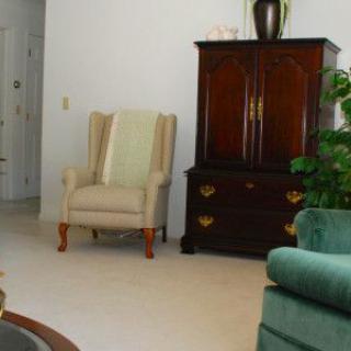 A cozy living room with an armchair and a wooden cabinet.