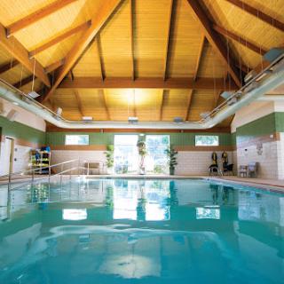 A serene indoor swimming pool featuring a beautiful wooden ceiling and natural light flooding in.