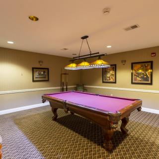 A well-lit billiard room featuring a purple pool table and framed art on the walls.