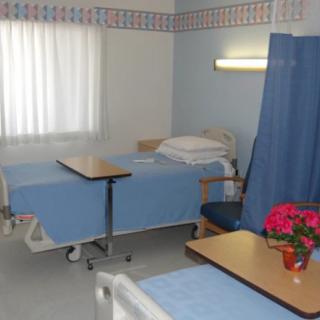 A clean and organized hospital room with two beds, separated by a curtain, and a table with flowers.