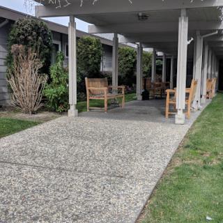 A serene outdoor patio area featuring wooden chairs and a gravel pathway, surrounded by greenery.