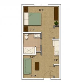 A floor plan of a small apartment showing the layout of rooms and furniture.