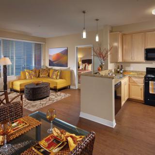 A modern open-concept living room and kitchen with stylish decor and warm lighting.