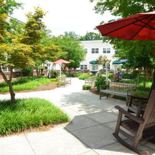 A serene garden with a paved pathway, surrounded by greenery and benches under colorful umbrellas.