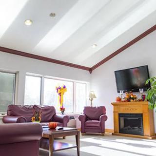 A cozy living room with leather sofas, a fireplace, and a large television, brightened by natural light from the windows.
