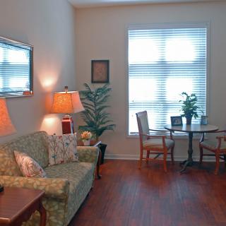 A cozy living room with a sofa, table, chairs, lamps, and decorative plants.