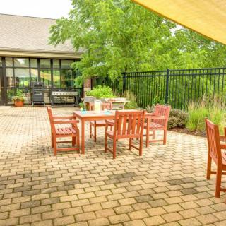 A sunny outdoor patio with wooden furniture surrounded by greenery.
