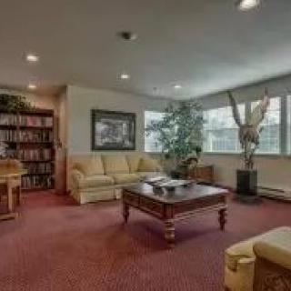 A cozy living room with a sofa, coffee table, bookshelf, and decorative elements.