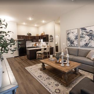 A modern living room with an open floor plan and stylish kitchen, featuring a comfortable seating area, wooden floors, and contemporary decor.