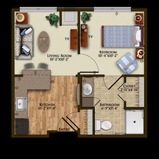 A floor plan of a one-bedroom apartment featuring a living room, kitchen, and bathroom.