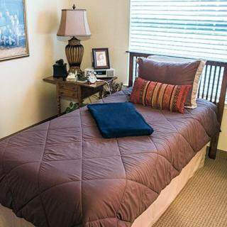 A neatly made single bed with a brown comforter and decorative pillows in a cozy bedroom.