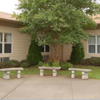 An outdoor area with stone benches set in front of a building, surrounded by trees and greenery.