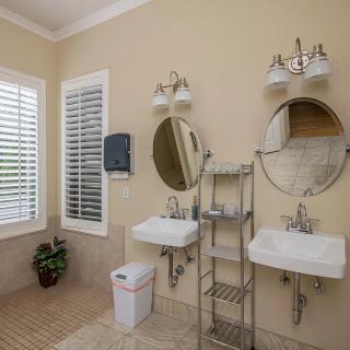 A well-lit bathroom with two sinks and round mirrors, featuring a small plant and towel rack.