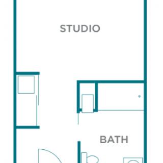 Studio apartment floor plan layout.