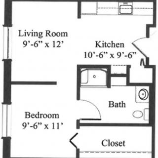 A floor plan of a one-bedroom apartment with a living room, kitchen, bathroom, and closet.