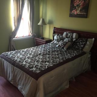 A cozy bedroom with a neatly made bed and decorative pillows beside a window with curtains.