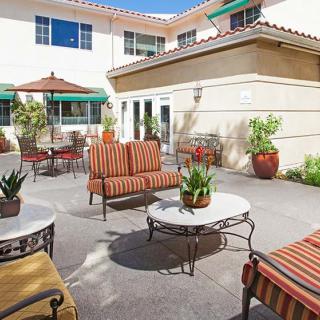 A cozy outdoor patio with comfortable seating and tables, surrounded by potted plants against the backdrop of a building exterior.