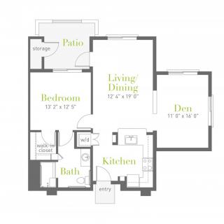 A floor plan showing the layout of an apartment with labeled rooms including a bedroom, living/dining area, kitchen, bath, patio, and flex space.