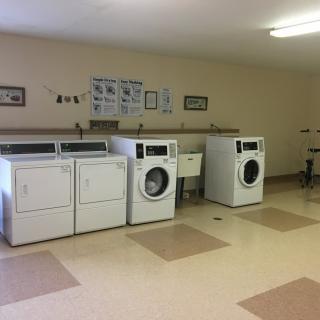 A laundry room featuring washing machines and dryers lined up against the wall.