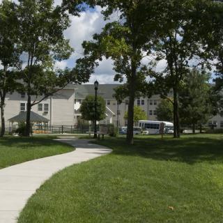 A scenic suburban park with a winding pathway leading through lush grass and trees, adjacent to residential houses.